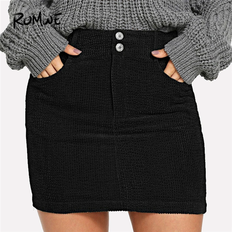 

ROMWE Button Front Bodycon Skirt 2019 Slutty Black Solid Posh Summer Mid Waist Pocket Short Skirts Women Zipper Sexy Skirt