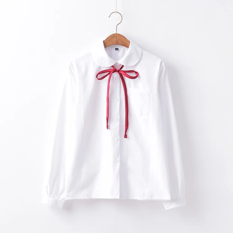 

Tree&Sea White Cotton Japanese Student Girls School Uniform White color Shirt Teens long sleeve Red ribbon tie JK style blouse