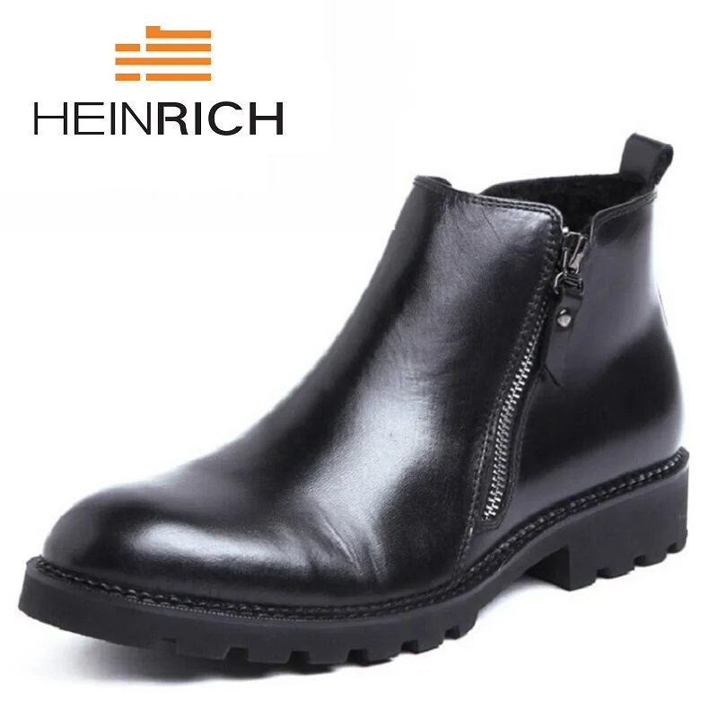 

HEINRICH Men Winter Shoes Comfortable Leather Cowhide Boots Men's Plush Velvet Black Warm Boots Botas De Lluvia