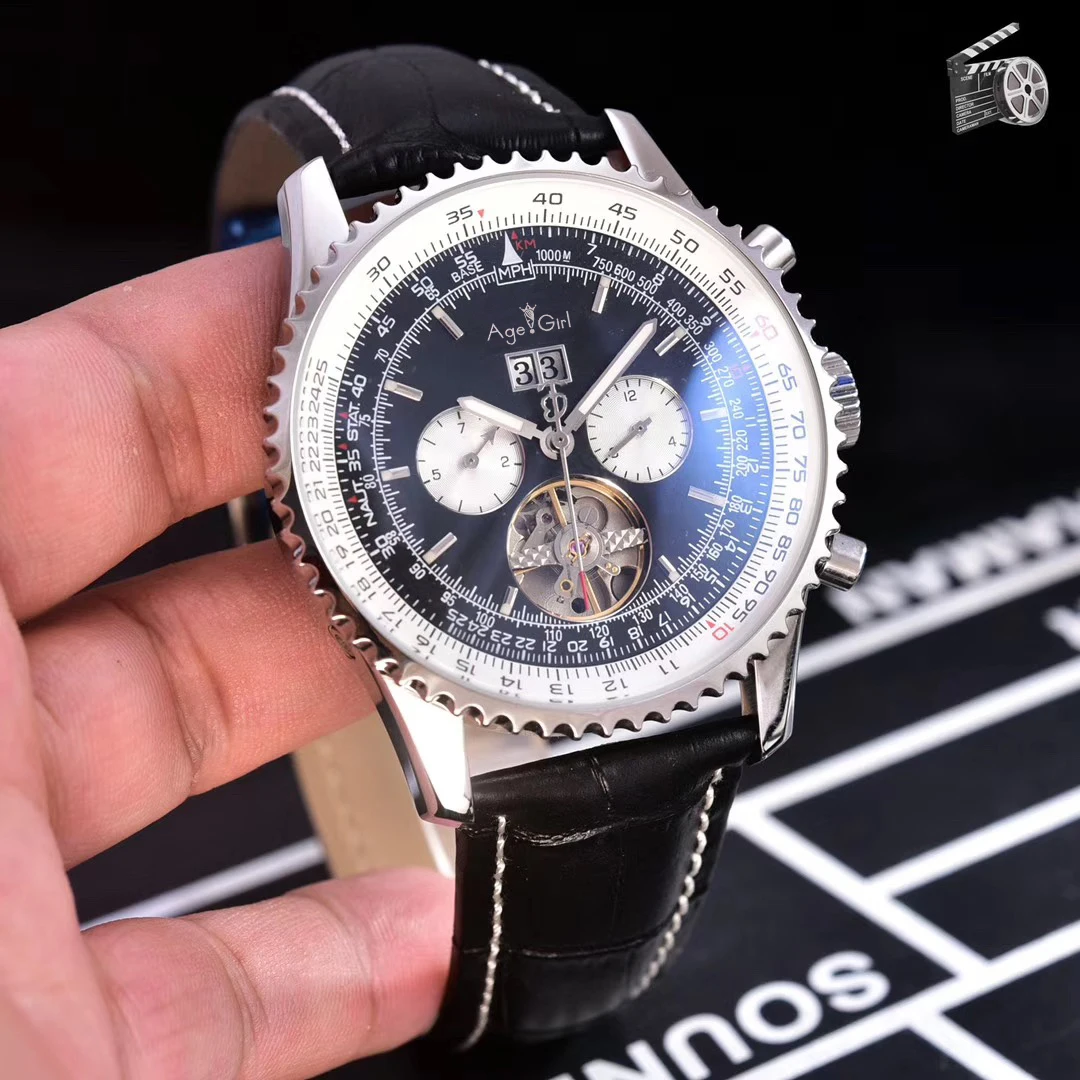 

Luxury Brand New Men Automatic Mechanical Watches Black Blue Leather Tourbillion Transparent Sport Watch Double Calendar AAA+