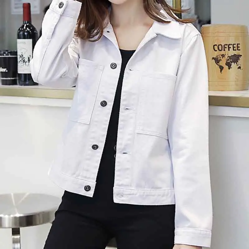 الدنيم سترة النساء جينس قصير معطف السيدات جاكيتات قمم رفض طوق ضئيلة الأبيض الوردي الجينز أعلى للنساء عالية الجودة
