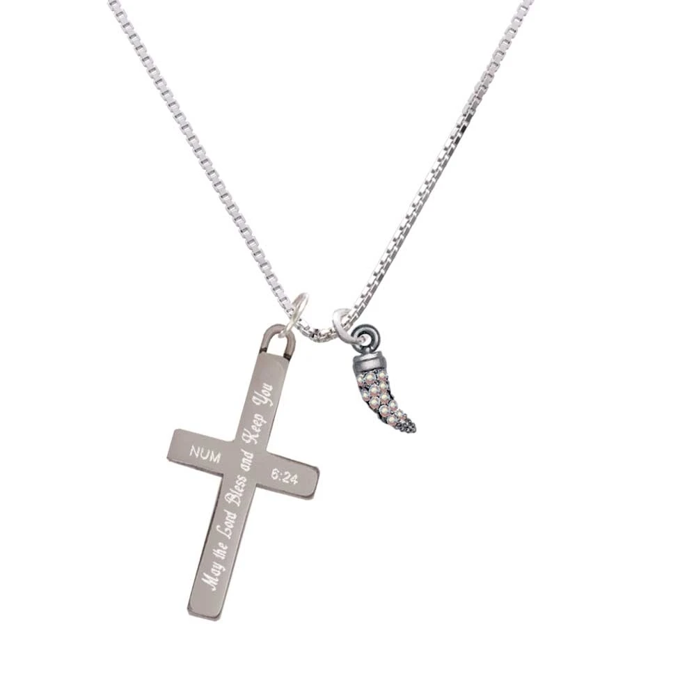 Black Nickel Tone Small AB Crystal Sabre Tooth - Bless and Keep You - Cross Necklace