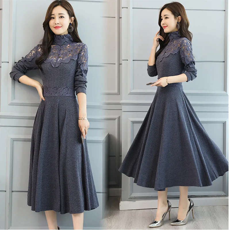 

New Women long dress Autumn winter clothing fashion long-sleeved dresses for women High collar South Korea elegant dresses 1906