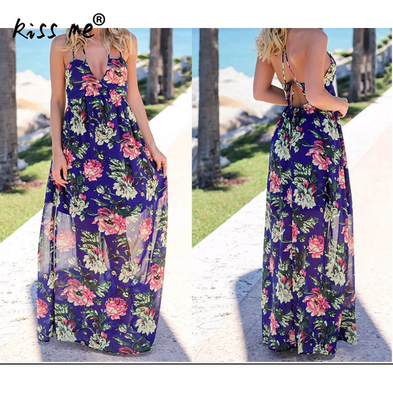 

Long Style Beach Dress Floral Printed One-Piece Dress Large Hem Vintage Bohemian Backless Racerback String Deep V Holiday Dress