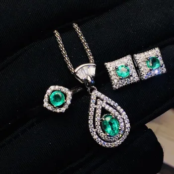 

Natural green emerald Ring Pendant Earrings Natural Gemstone Jewelry Set S925 Silver Fashion round Stars Women party jewelry