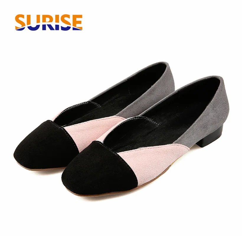 

Big Size Preppy Casual Women Pumps 2.5cm Low Block Heels Square Toe Mixed Color Patchwork Flock Faux Suede Slip On Ladies Shoes