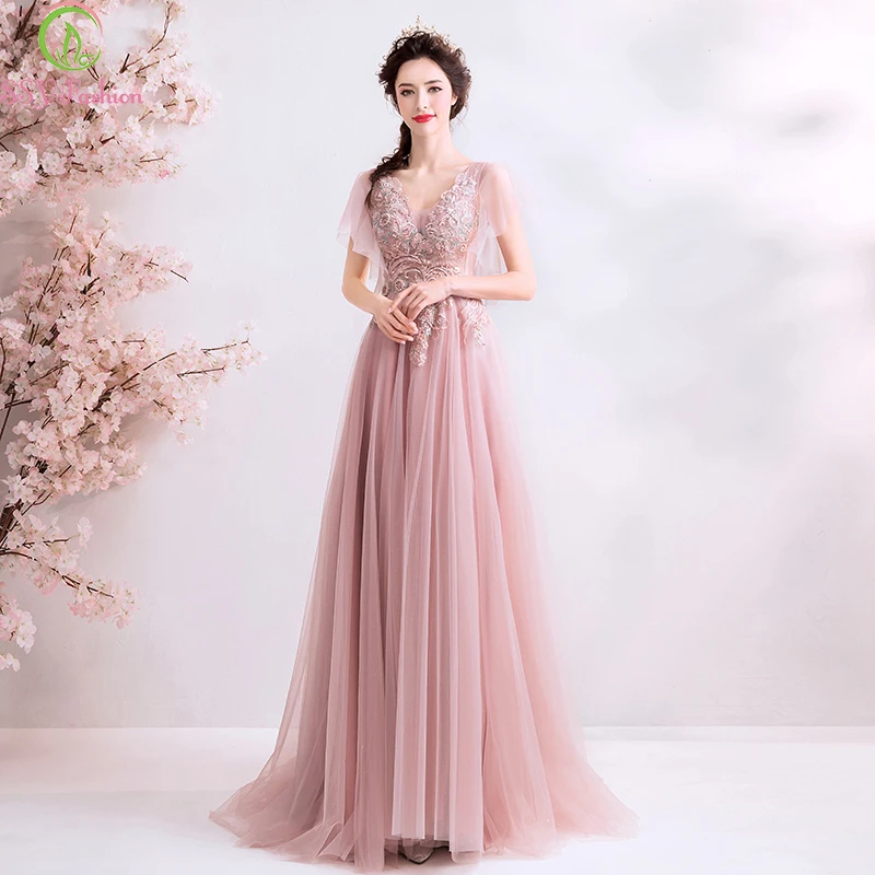Женское вечернее платье до пола SSYFashion роскошное розовое с кружевной аппликацией