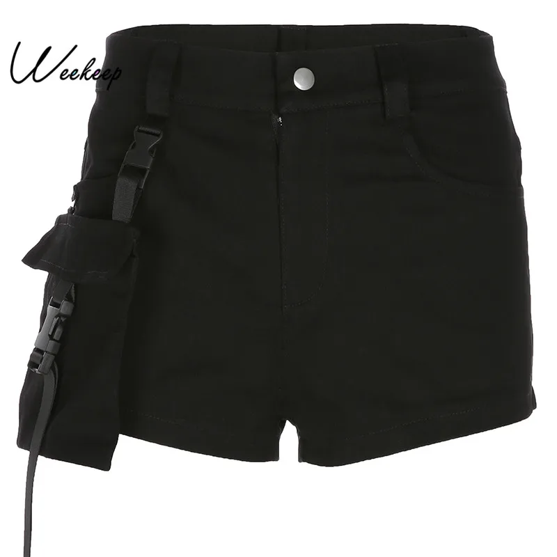 

Weekeep Streetwear Buckle Pockets Patchwork Shorts Women Black High Waist Bodycon Short Femme 2019 Summer