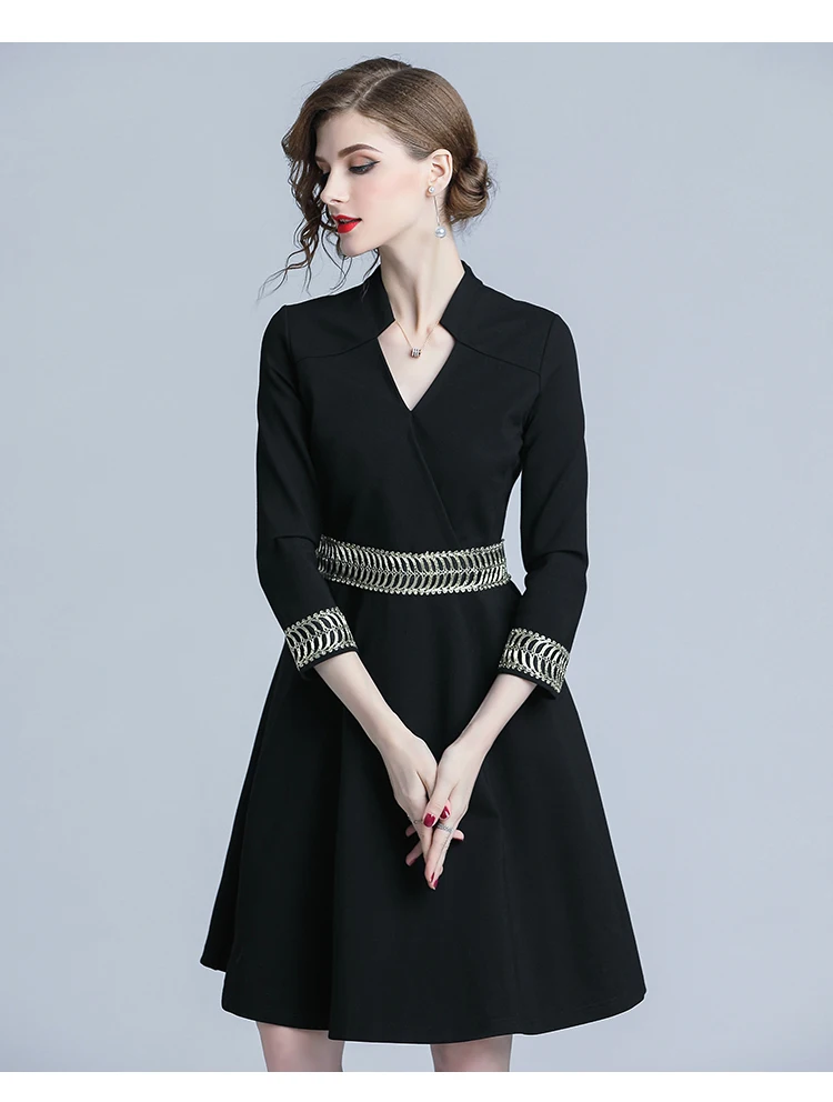 Осеннее офисное женское черное платье трапециевидной формы, винтажное элегантное приталенное платье до колена с v-образным вырезом, рабочая одежда для женщин Vestidos