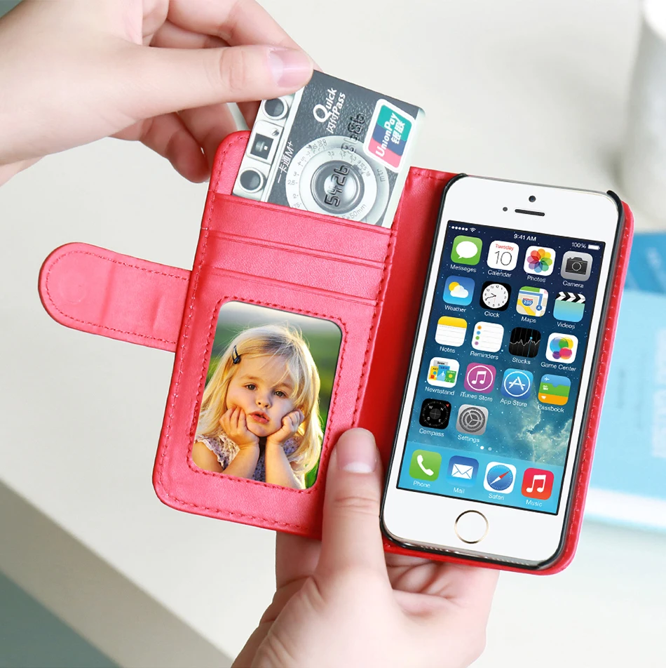 KISSCASE Wallet Pouch Style Flip Leather Case For iPhone 6 6S Plus 5 5S SE 5C 4 4S Photo Frame + Card Slots Stand Magnetic Cover (8)