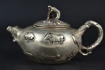 

China Collectible Decor Handwork Old Miao Silver 12 Zodiac Animal Teapot
