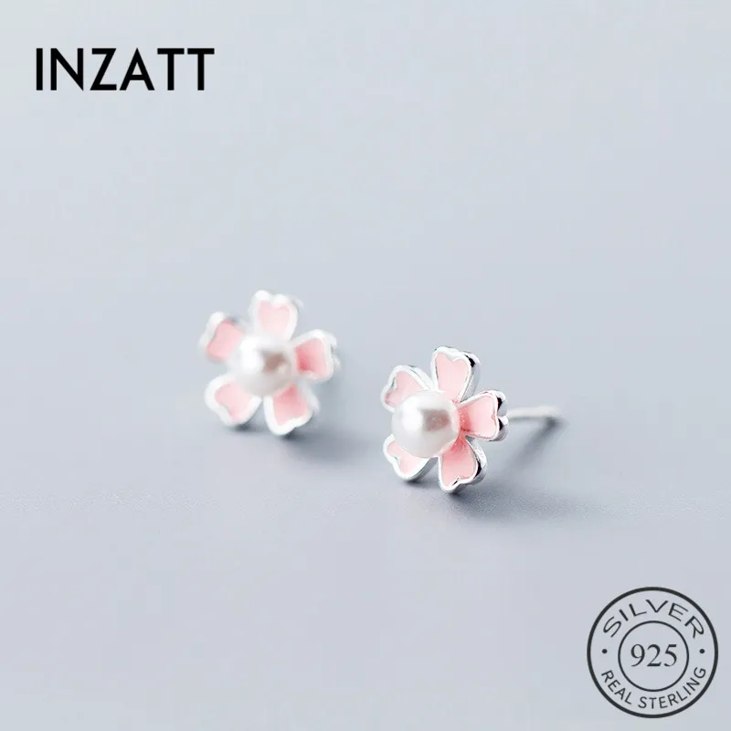 INZATT Romantic Pearl Pink Flower Stud Earrings Real 925 Sterling Silver For Women Birthday Party in Summer Trendy Jewelry Gift