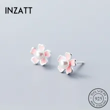INZATT Romantic Pearl Pink Flower Stud Earrings Real 925 Sterling Silver For Women Birthday Party in Summer Trendy Jewelry Gift