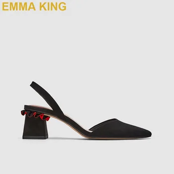 

Fashion Back Strap Pointed Toe Kitten Heels Women Sandals Slip On Ruffles Embellishment Chunky Low Heel Sandals Woman Shoes