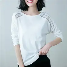 Новая Корейская версия большой размер кружевная рубашка с кружевным низом воротник хлопок с длинными рукавами футболка женская весна