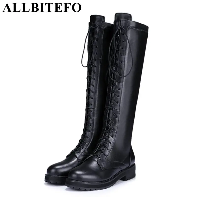 

ALLBITEFO 2017 new winter genuine leather+Stretch material thick heel platform ladies boots medium heel winter boots women boots