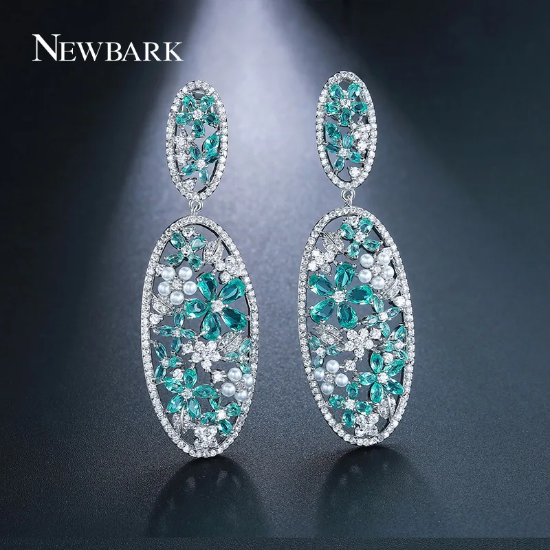 

Newbark Fashion Geometric Retro Statement Earring Silver Color With Green Flower Long Drop Earrings Oval Cubic Zirconia Jewelry