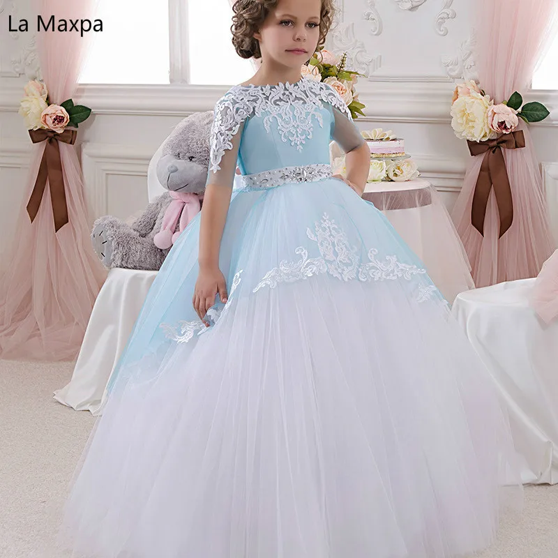 

Girls Dress Lace Handmade Princess Dress Flower Tutu Light Bule Bowknot Long Dress Host Show Birthday Party Children Dress