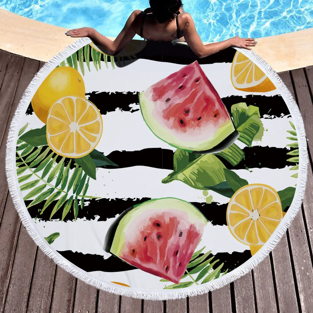 Индивидуальное пляжное банное полотенце из микрофибры с изображением фруктов, ананаса, арбуза, полотенце с кисточкой, круглое одеяло для пикника, коврик для йоги
