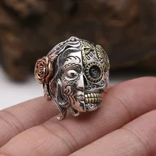 Factory wholesale S925 Sterling Silver Vintage Thai silver jewelry double face Skull Ring punk fashion personality