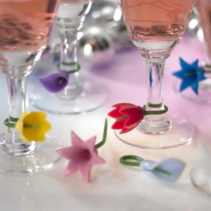

6pcs Flowers Wine Cup Marker Silicone Label Party Dedicated Glass Cup Recognizer Tools for Wine Glass (Random)