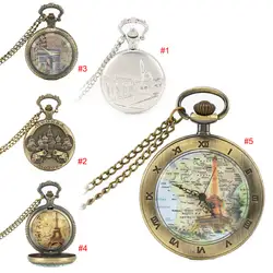 Античный винтажный Бронзовый медь здания кварцевые карманные часы Роман на цепочке с цифрами цепи подарок на день рождения LXH