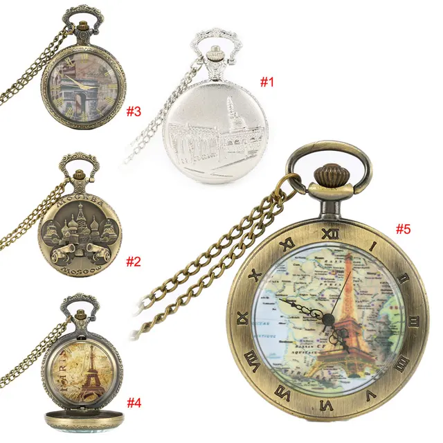 Antique Vintage Bronze Copper Building Quartz Pocket Watch Roman Number Necklace Antique Vintage Bronze Copper Building Quartz Pocket Watch Roman Number Necklace