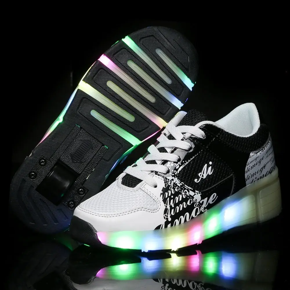 Светящиеся кроссовки детские кроссовки с колеса роликовые коньки обувь светящиеся туфли детские туфли со светодиодной подсветкой для мальчиков и девочек - Цвет: black