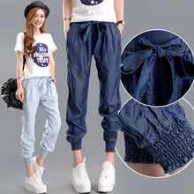Летние женские джинсы из тенсельной ткани шаровары плюс размер эластичный пояс свободные брюки для женщин джинсовые брюки, капри длиной до щиколотки