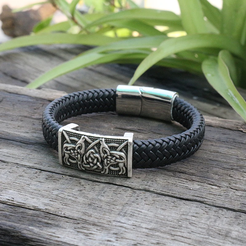 

10pcs viking Cowhide bracelet men Black Braided Leather Cuff Genuine Leather Bangles celt wolf jewelry