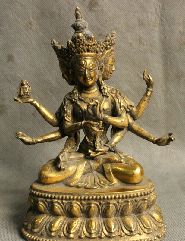 

S3952 Tibet Bronze Gilt Buddhism 3 Head 8 Arms Ushnishavijaya Namgyalma Buddha Statue D0317