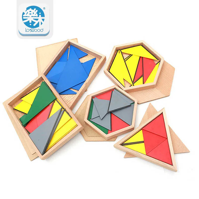 Les matériaux Montessori constituent un triangle jouets éducatifs en bois pour enfants Triangles constructifs avec 5 boîtes Presc tôt