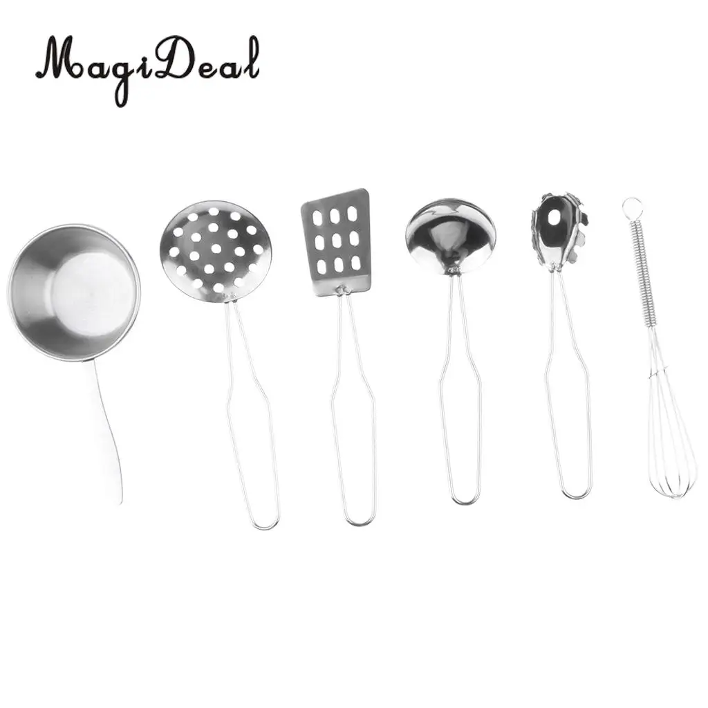 6Pcs/Set Stainless Steel Kitchen Cookware Cooking Utensils Toy Children Kids Pretend Role Play Toy Silver