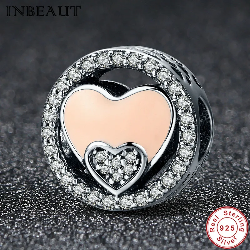 

INBEAUT Women Bead Chain Pink Enamel and Stone Double Heart Pendant for Necklace 925 Sterling Silver Charm fit Original Bracelet
