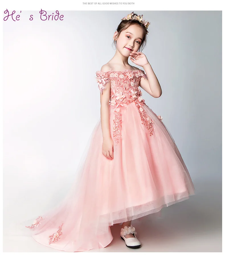 He's Bride Flower Girl Dresses for Wedding The Children's Princess Pink Lace Luxury Sweep Train Party First Communion | Свадьбы и