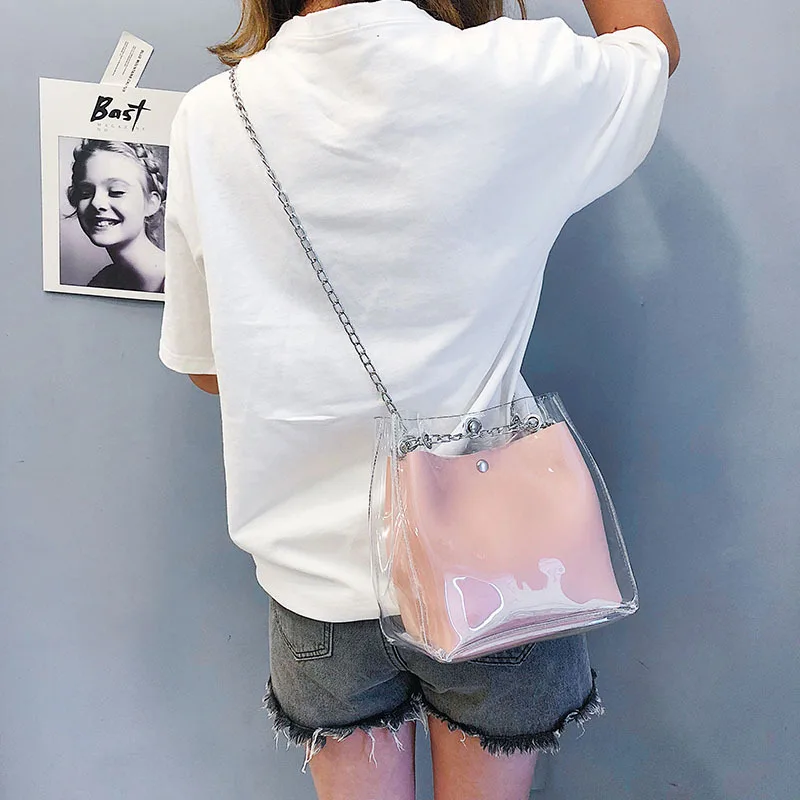 

Yun Bag Store Women's Transparent Cube Shoulder Messenger Bag Ladies Bucket Bag Female Compound Chain Mini Gelatin Bag