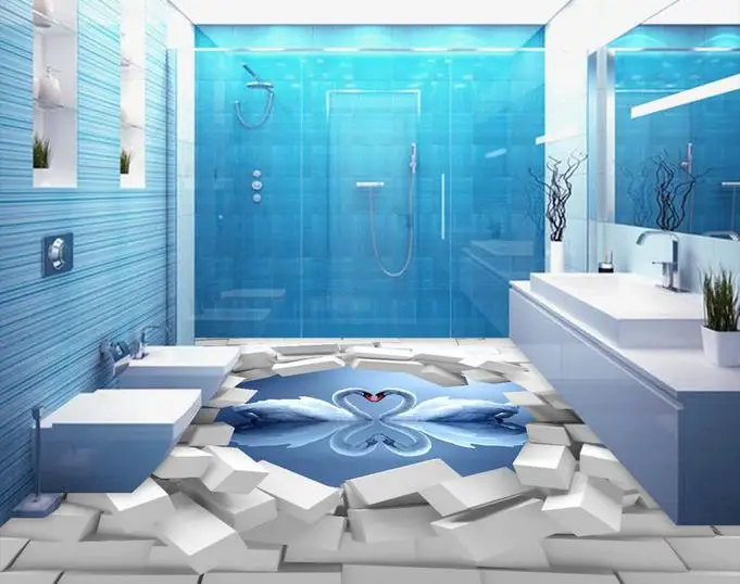 Custom 3d Pvc Flooring Waterproof Bedroom Wallpaper Brick Swan Reflection Stereoscopic Floor Tiles Self