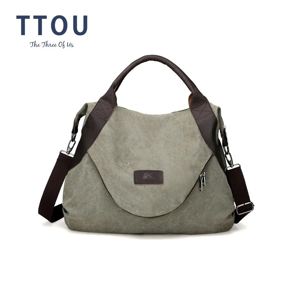 

TTOU Women's Canvas Handbags High Quality Female Hobos Single Shoulder Bags Vintage Solid Multi-pocket Ladies Totes Bolsas
