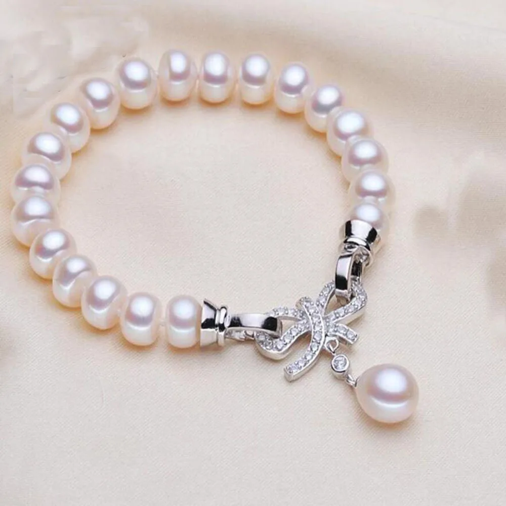 

2017 Romantic Women's Freshwater Pearl Bracelet 7-8mm S925 Sterling Pearl Jewelry Wedding Bracelets With Rice Pendant