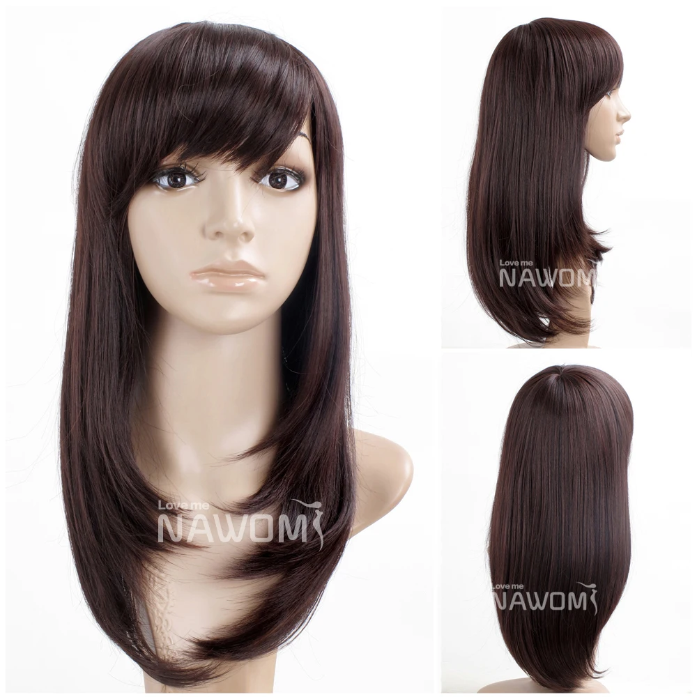 Synthetic Fiber Chestnut Blunt Bang Below Shoulder Length