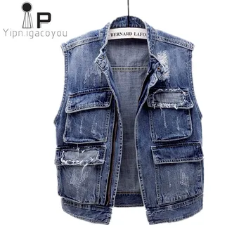 

Autumn Women Denim Vest 2020 Ne Vintage Zipper Short Waistcoat plus size Sleeveless Jeans Jacket Moto Biker Casual Ladies coat