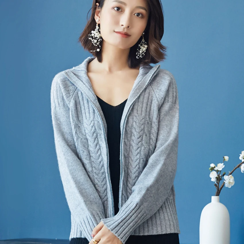 

High Quality Women Sweater and Cardigan 100% Pure Goat Cashmere Knitted Jumpers Woman Sweaters 2Colors Zipper Knitwear Lady Tops