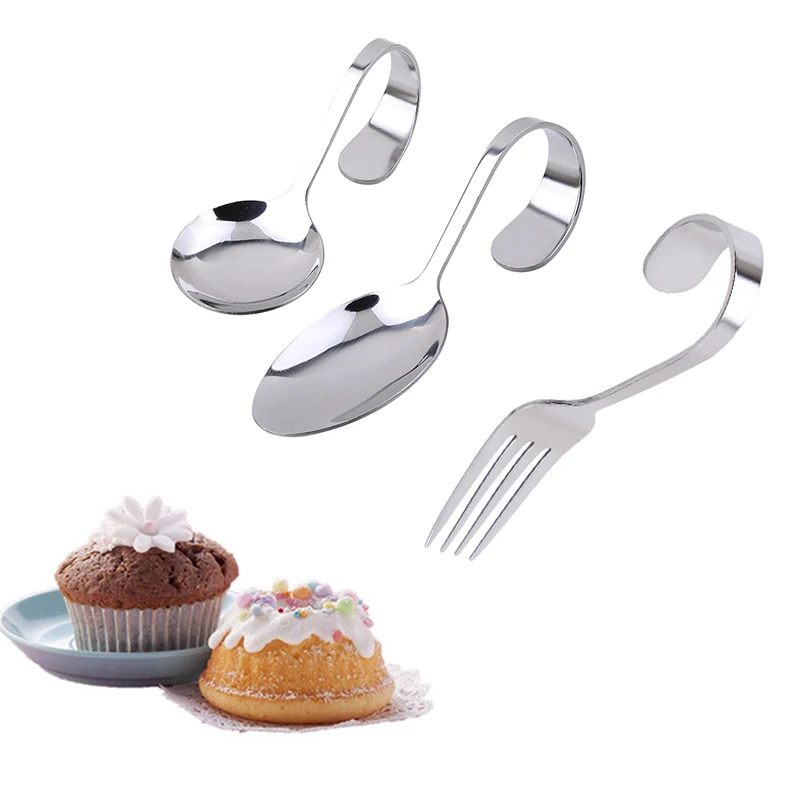 

Creative Dessert Fork Spoon Kitchen Stainless Steel Curved Handle Tableware Salad Donuts Cupcake Buffet Cake Tools