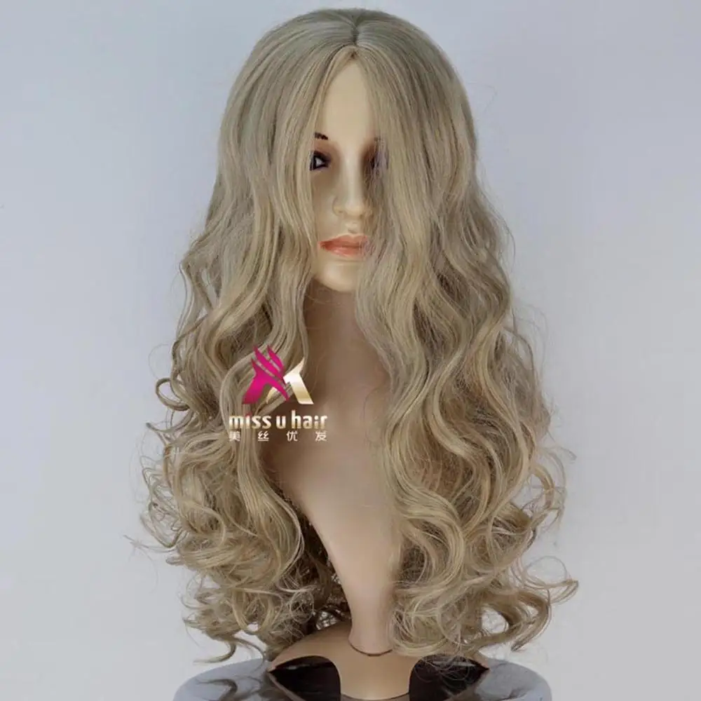 Мисс у волос Синтетический девушка принцесса парик с длинными кудрявыми волосами пепел блонд цвет взрослый фильм косплей костюм полный парик