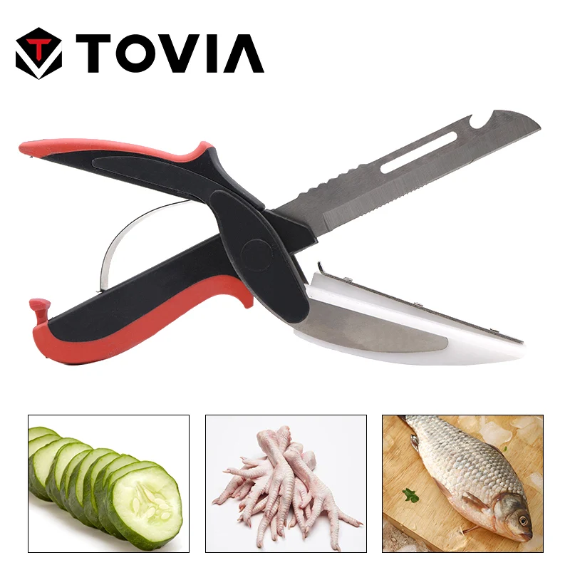 

TOVIA Cutter Scissors 2 in 1 Utility Knife Board Stainless Steel Kitchen Knife Smart Chef Meat Chicken Vegetable Kitchen Tools