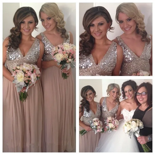 Charming Sequins Deep V Neck Bridasmaid Dress Silver And Blush Charming Sequins Deep V Neck Bridasmaid Dress Silver And Blush Color Dresses For Wedding Party 2016