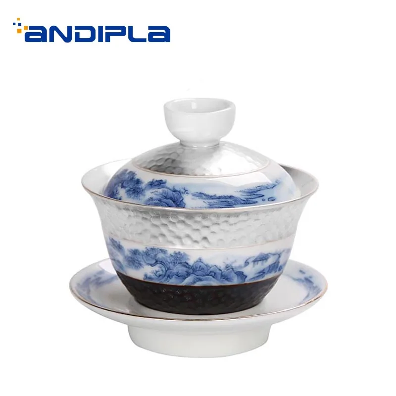 

160ml Silver Gaiwan Jingdezhen Porcelain Hand Painted Tea Bowl with Lid Saucer Master Vintage Drinkware Decoration Collection