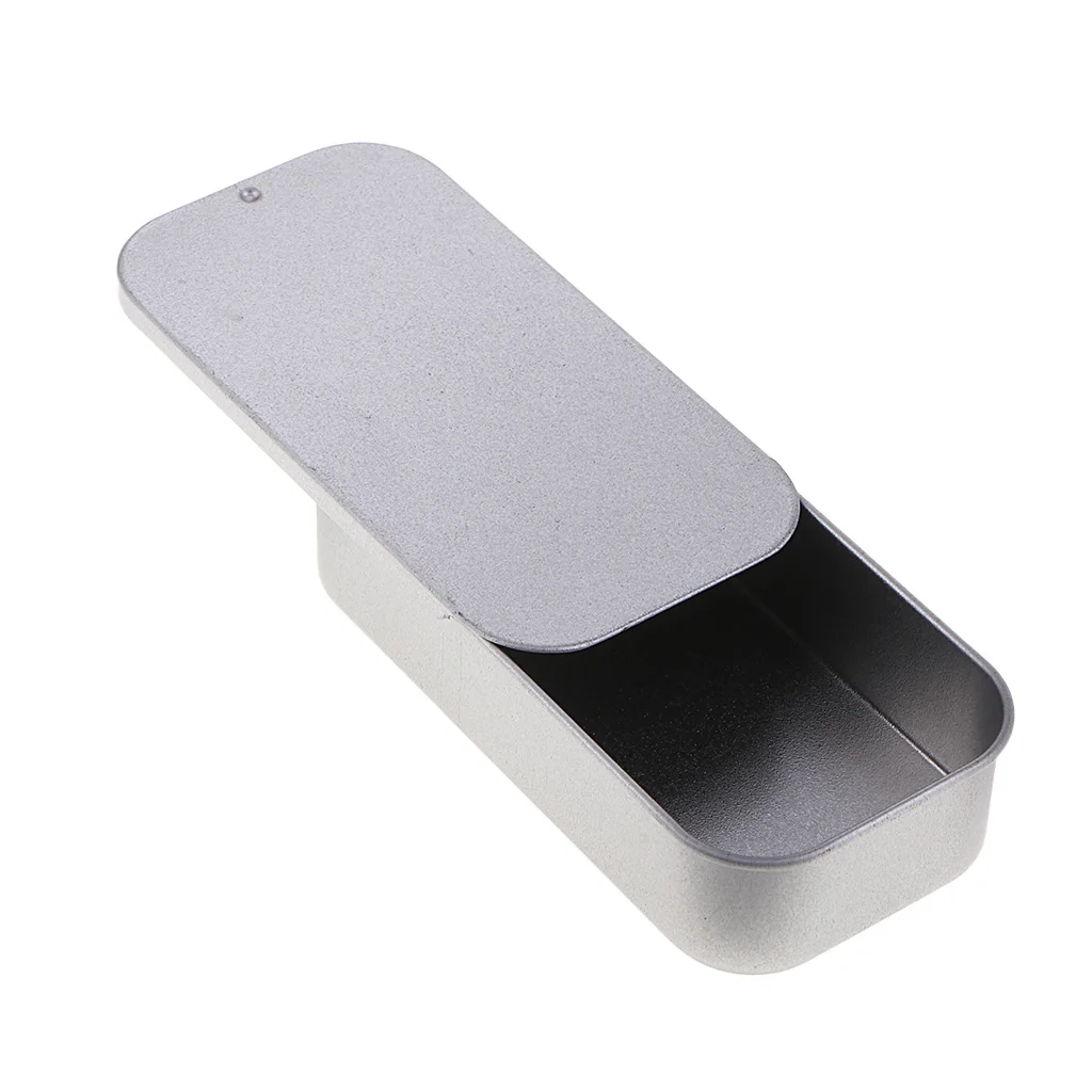 Empty Silver Rectangle Metal Tin with Slide Top, Flat Storage Refillable Containers for Crafts, Pills, Geocaching, Survival Kit