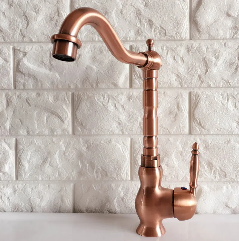 Antique Red Copper Brass Bathroom Kitchen Basin Sink Faucet Mixer Tap Swivel Spout Single Handle One Hole Deck Mounted mnf407