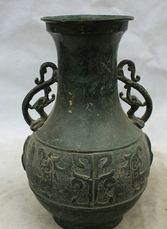 

Collectible bronze S2022 10" Chinese Dynasty palace Bronze Beast dragon handle Crock flower Bottle Vase